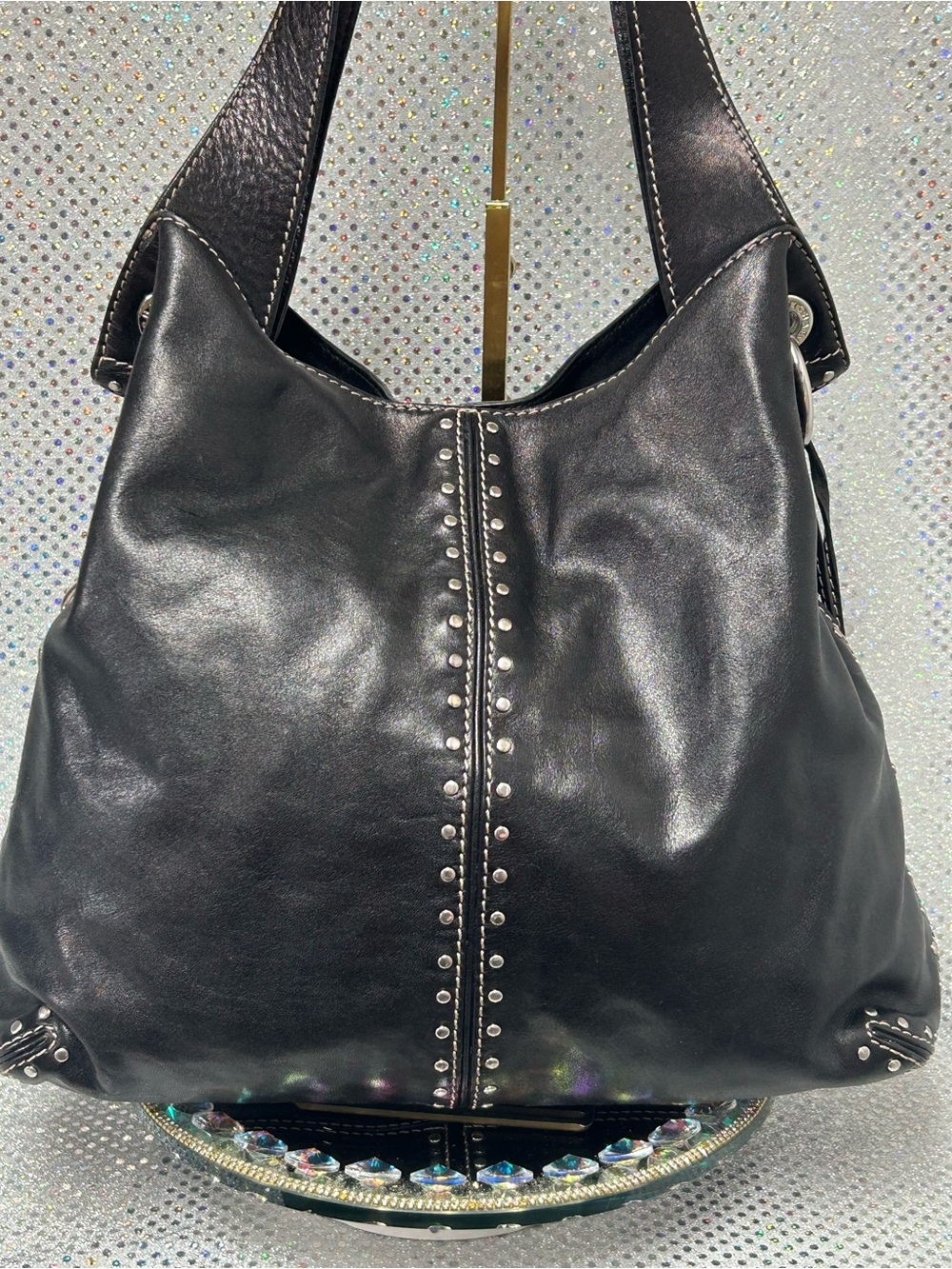 Michael Kors Black Stud-Accent Leather Shoulder Bag